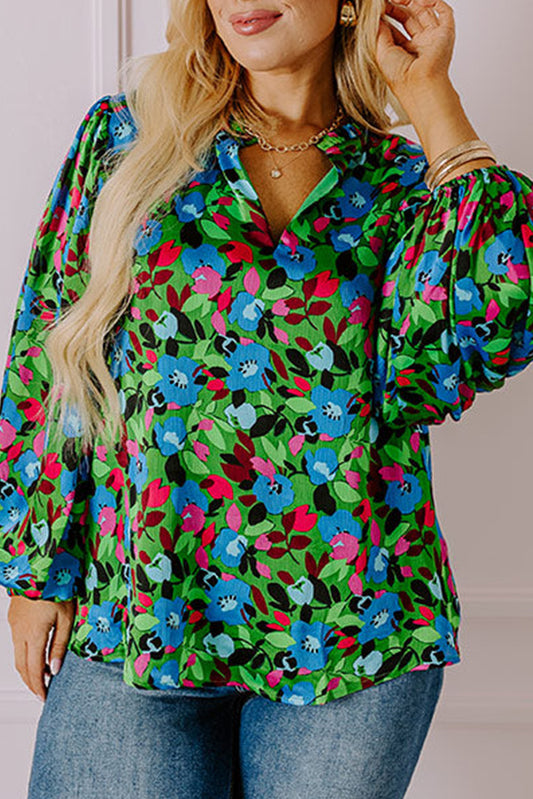 Green Plus Size Floral Bubble Sleeve V Neck Blouse