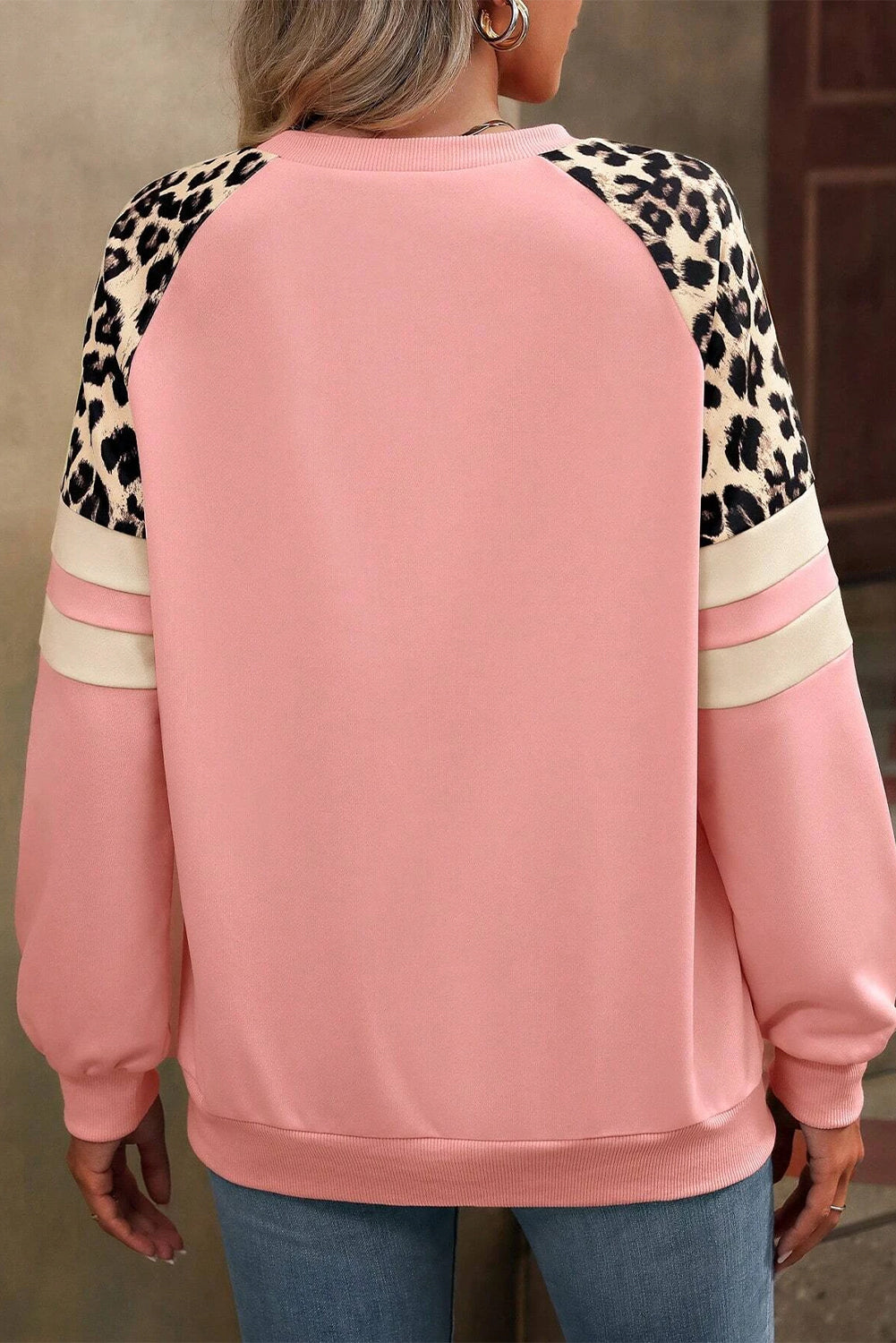 Black Leopard Print Colorblock Raglan Sleeve Sweatshirt