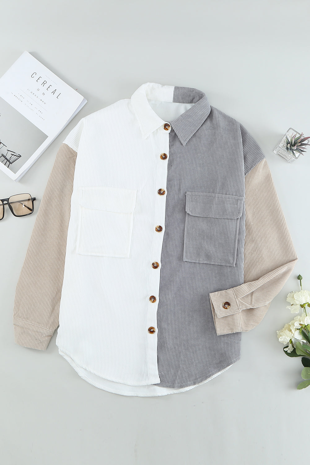 White Color Block Button Shirt with Pocket