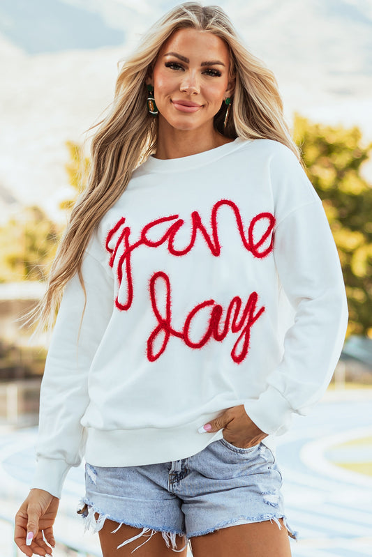 White Tinsel Game Day Drop Shoulder Graphic Sweatshirt