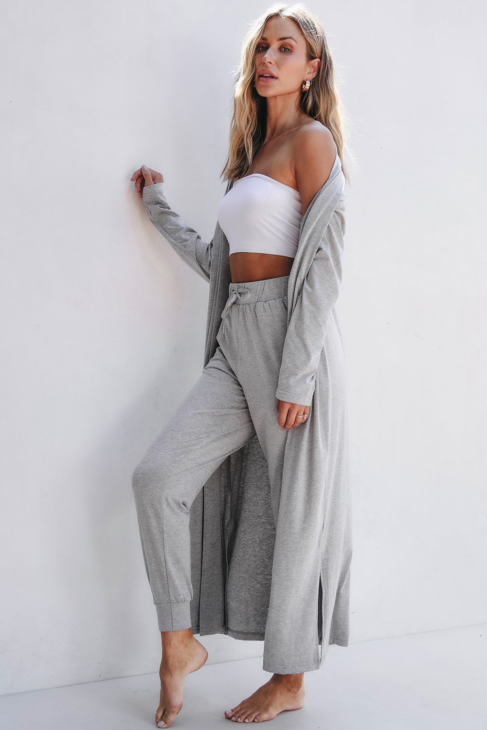 Black Split Long Cardigan and Skinny Pants Lounge Set