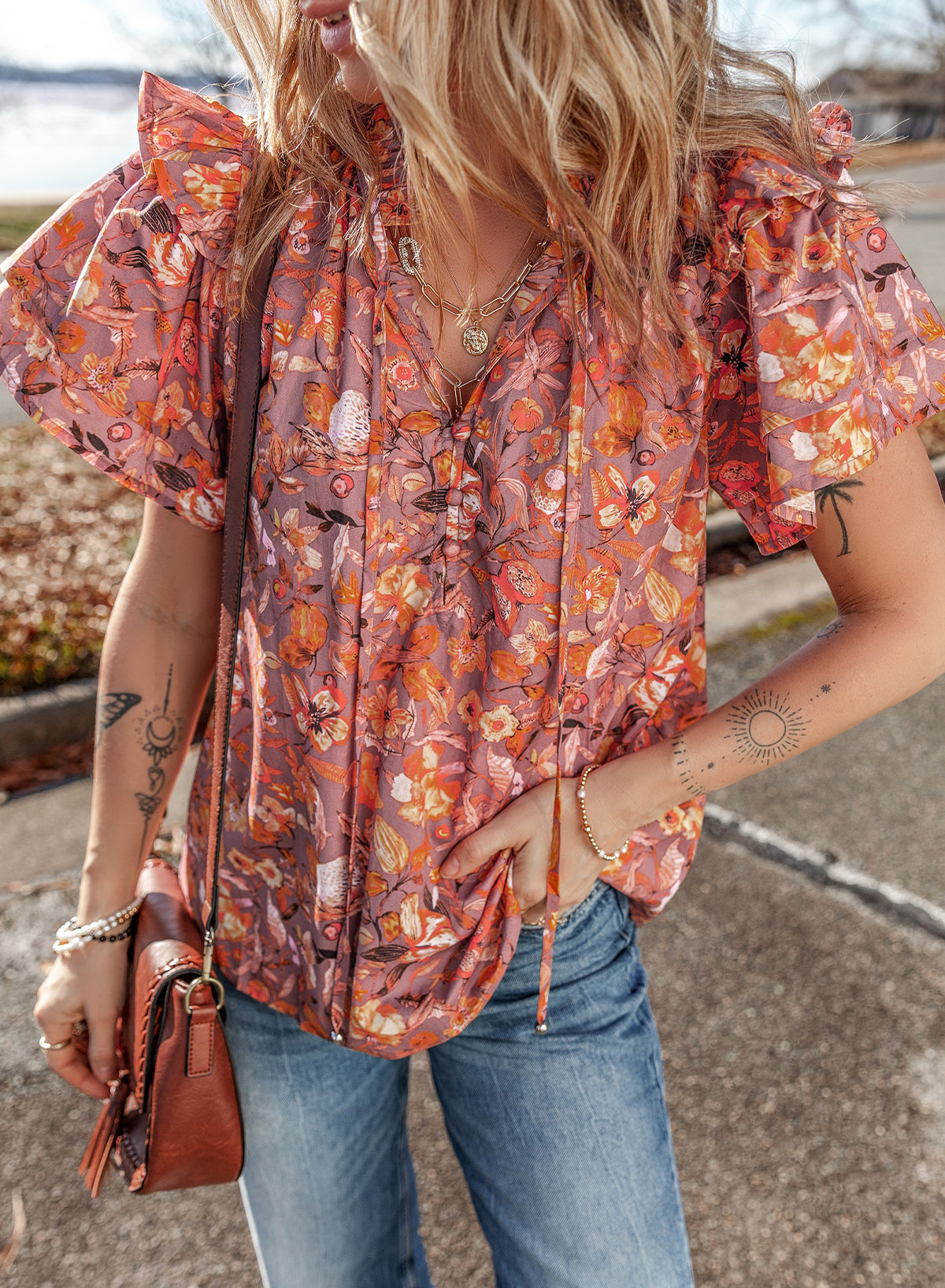 Orange Floral Print Ruffled Flutter Sleeve Frilled V Neck Blouse