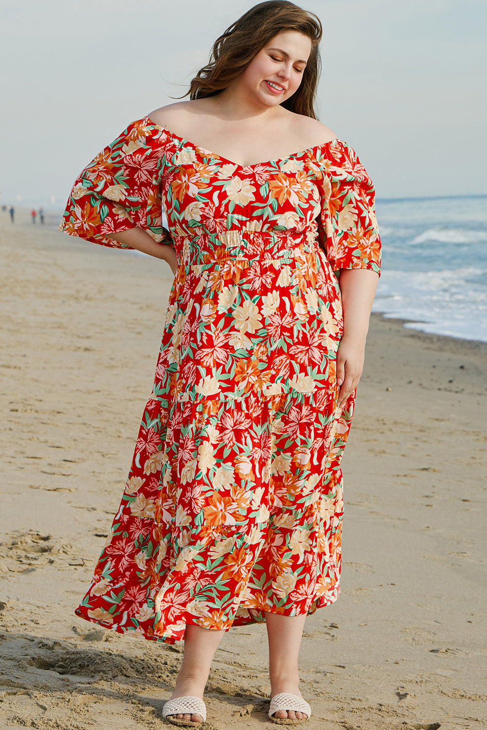 Orange Floral V Neck Flutter Sleeve Cinched Waist Long Plus Size Dress