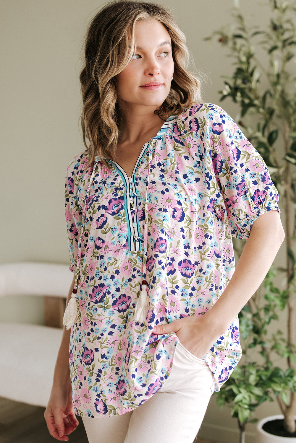 Multicolour Bohemian Floral V Neck Loose Half Sleeve Blouse