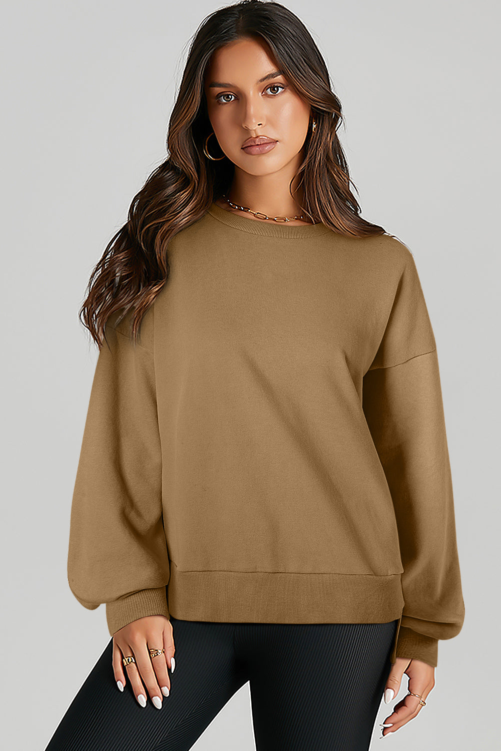 Parchment Solid O Neck High Low Hem Pullover Sweatshirt