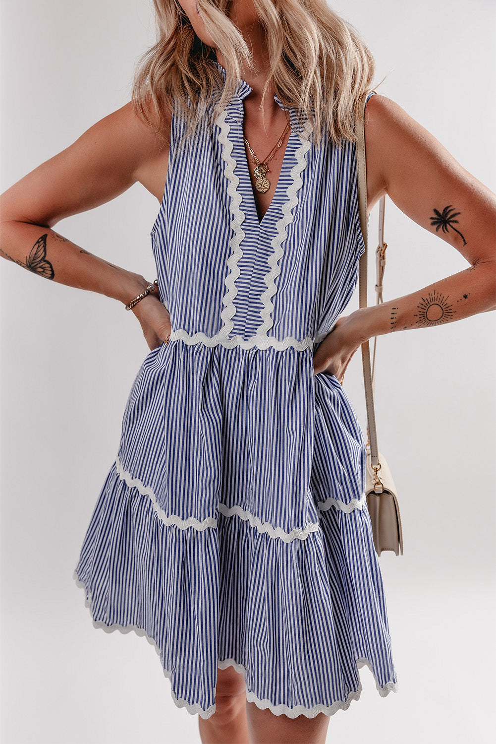 Blue Stripe Sleeveless Notched V Neck Contrast Ric Rac Mini Dress