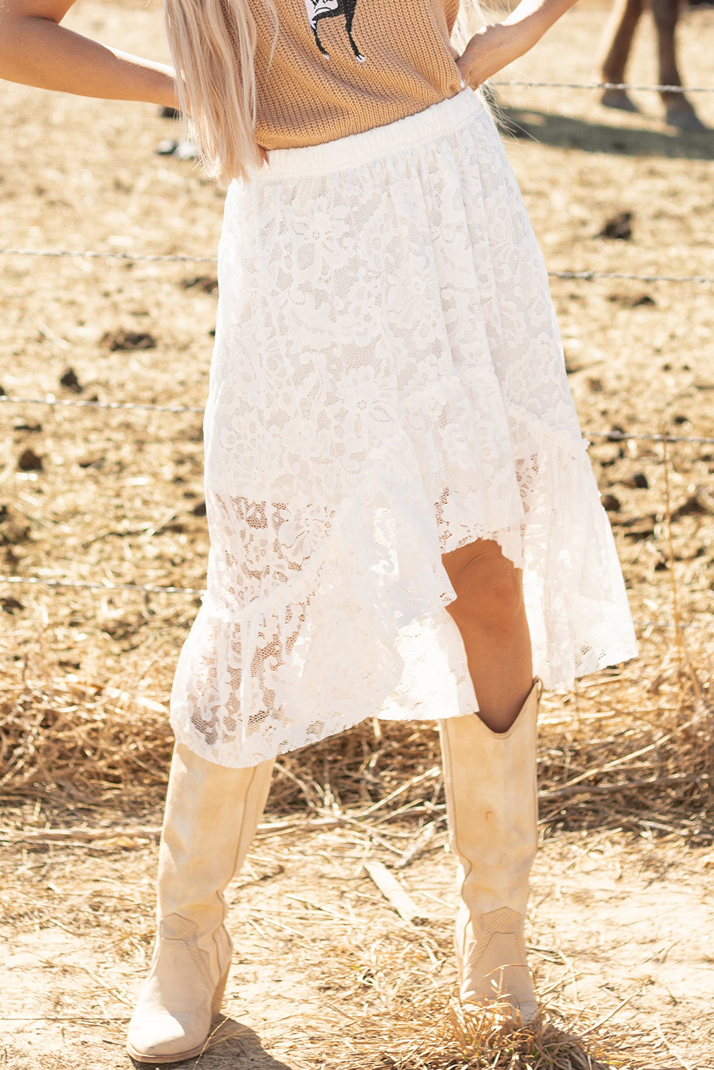 White Lace Ruffled High-low Hem Midi Skirt