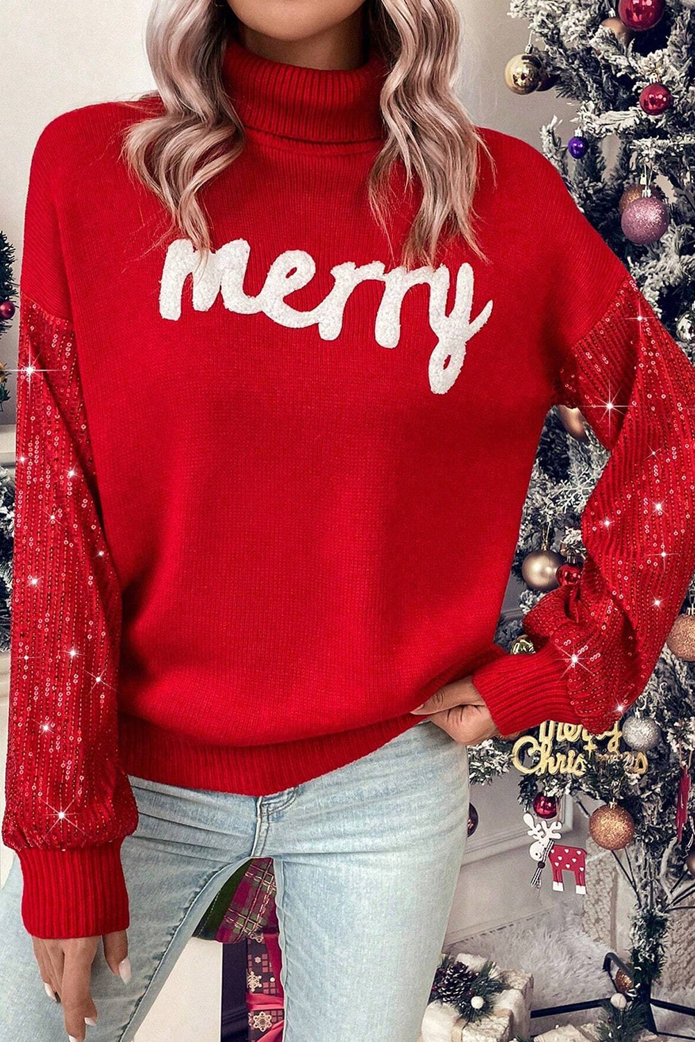 Racing Red Merry Graphic Sequin Sleeves Christmas Turtleneck Sweater