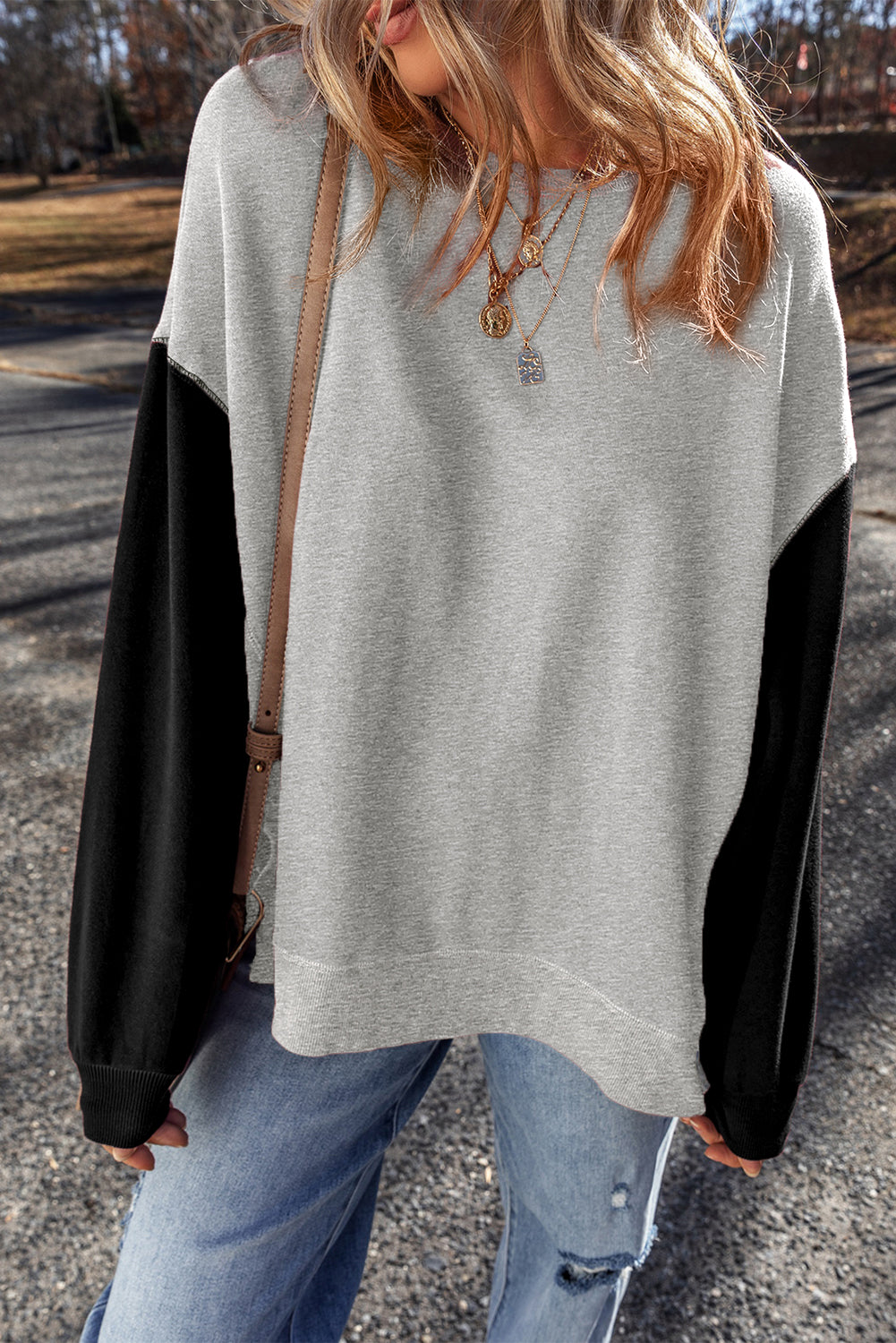 Gray Two Tone Patchwork Drop Shoulder Pullover Sweatshirt