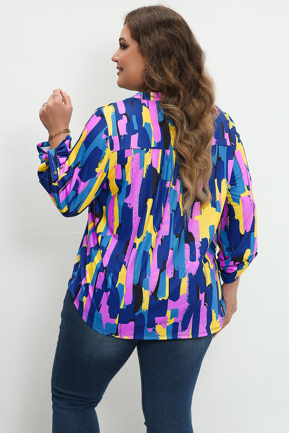 Blue Plus Size Brushstroke Print 3/4 Sleeve Blouse