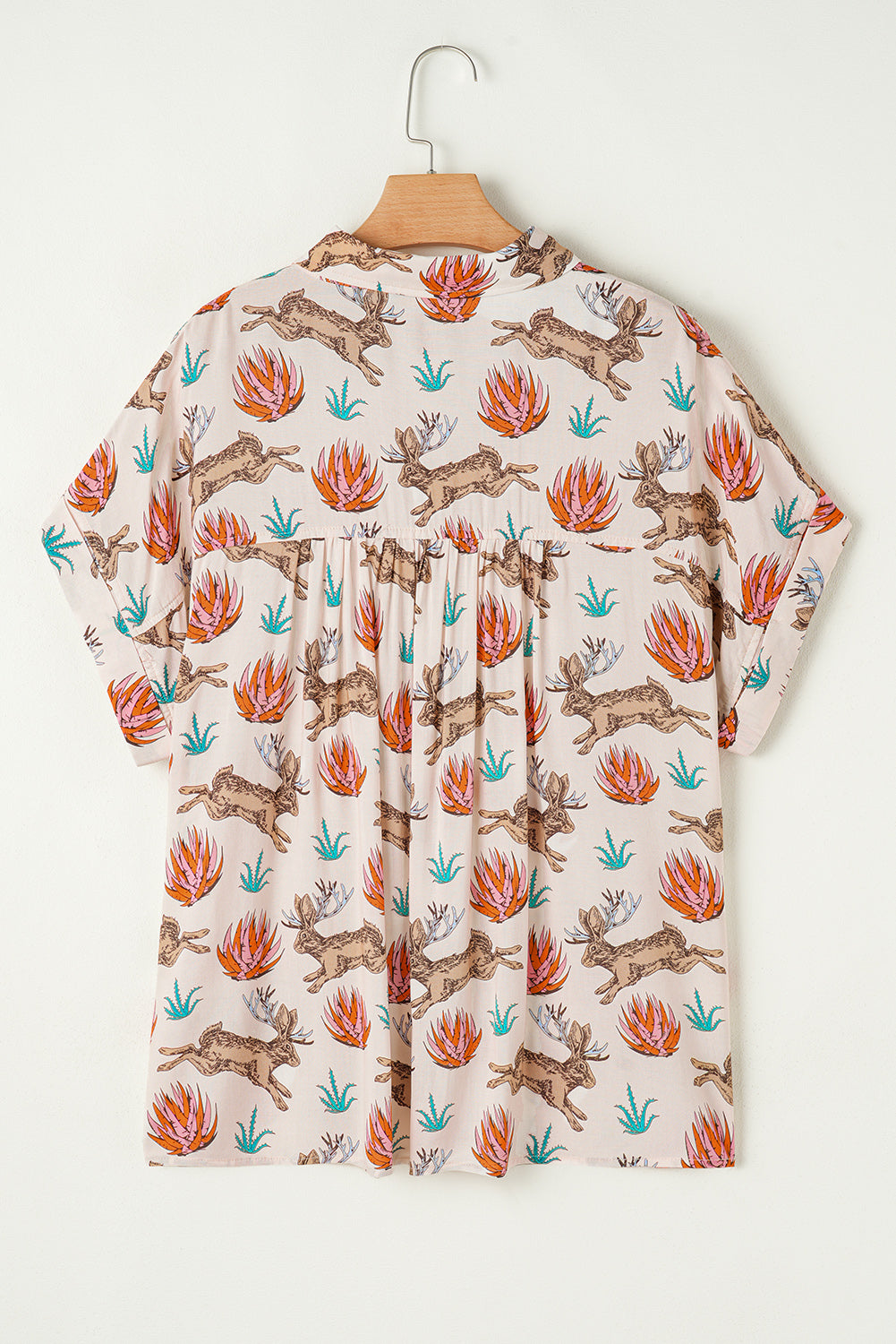 Khaki Plus Size Western Pattern Print Buttoned Short Sleeve Shirt