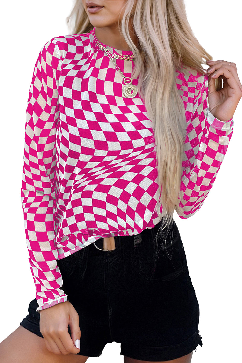 Black Checkered Pattern Mesh Mock Neck Long Sleeve Top