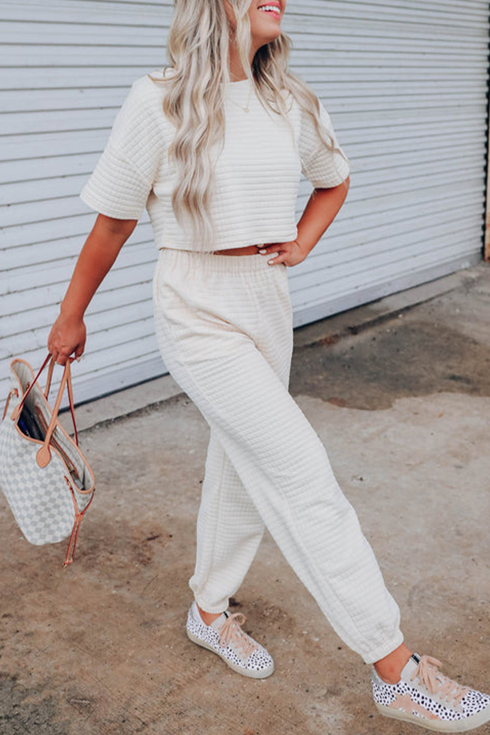 White Lattice Textured Cropped Tee and Jogger Pants Set