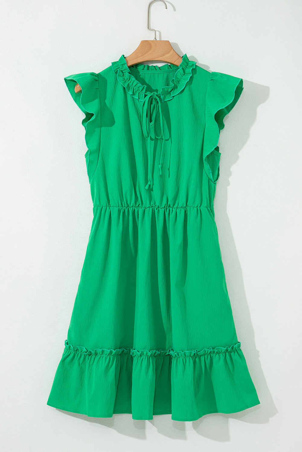 Bright Green Split V Neck Elastic Waist Ruffled Dress