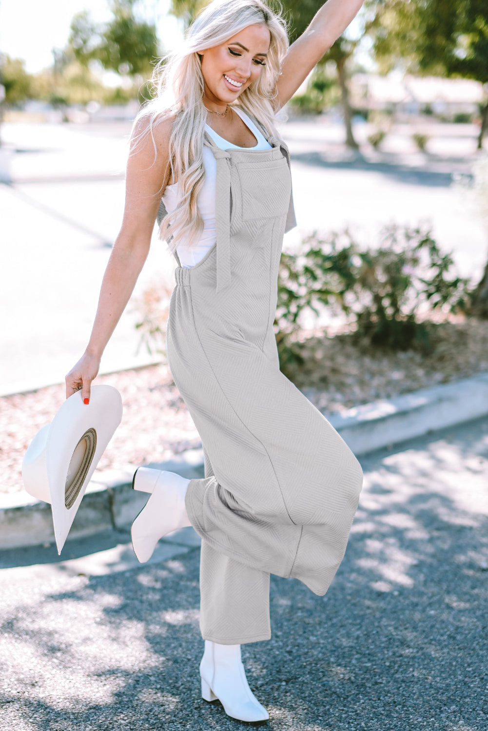 Light Grey Textured Self-Tie Strap Wide-Leg Overalls