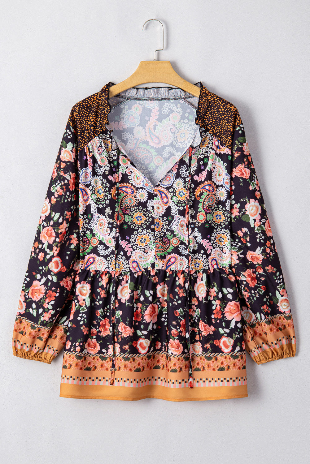 Black Plus Size Paisley Floral Print V Neck Bubble Sleeve Blouse