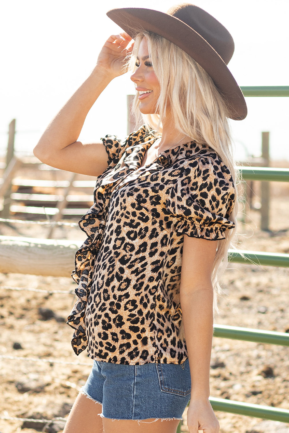 Khaki Leopard Ruffled Neck Cascading Puff Short Sleeve Top