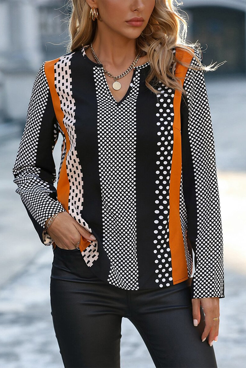 Orange Geo Print Colorblock Notched V Neck Blouse