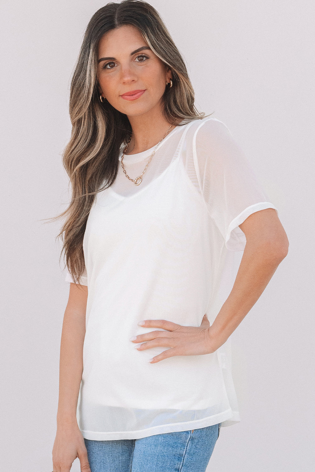 White Solid Color Sheer Mesh Patchwork Short Sleeve Top