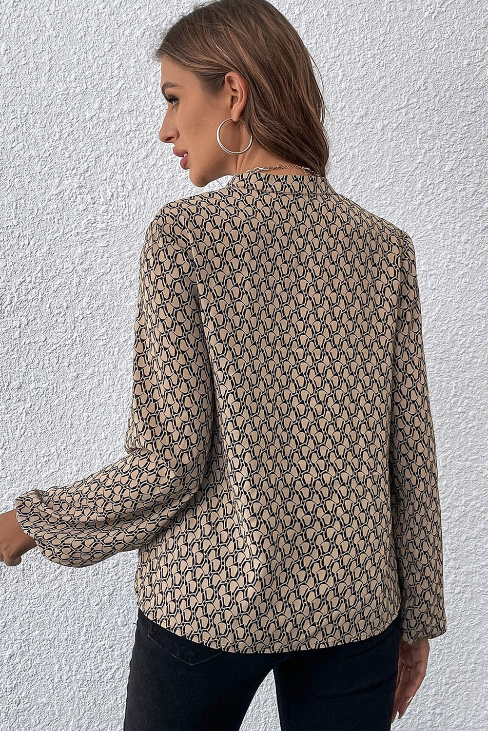 Green Geometric Print Notched Neck Puff Sleeve Blouse