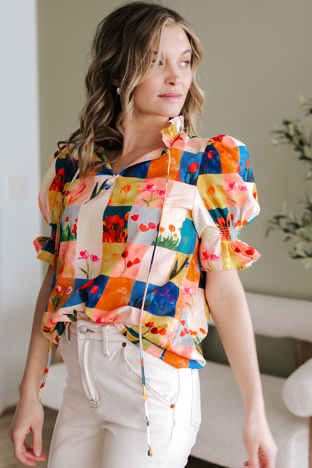 Multicolour Floral Checker Print Ruffled Short Puff Sleeve Blouse