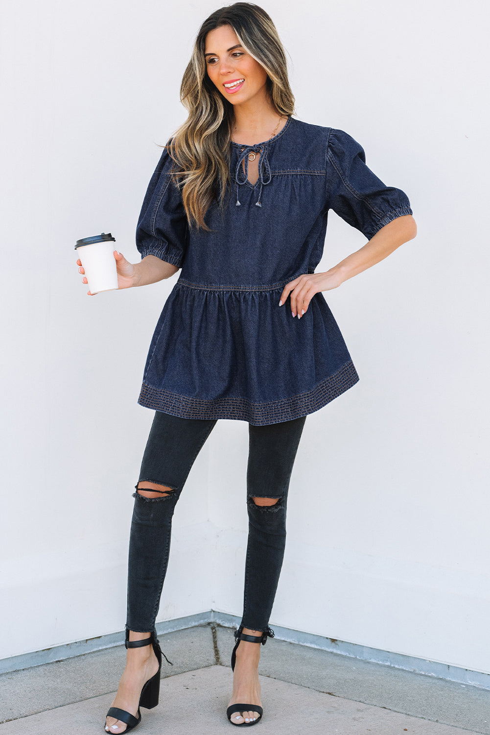 Sail Blue Puff Sleeve Lace-up Neckline Splicing Denim Blouse