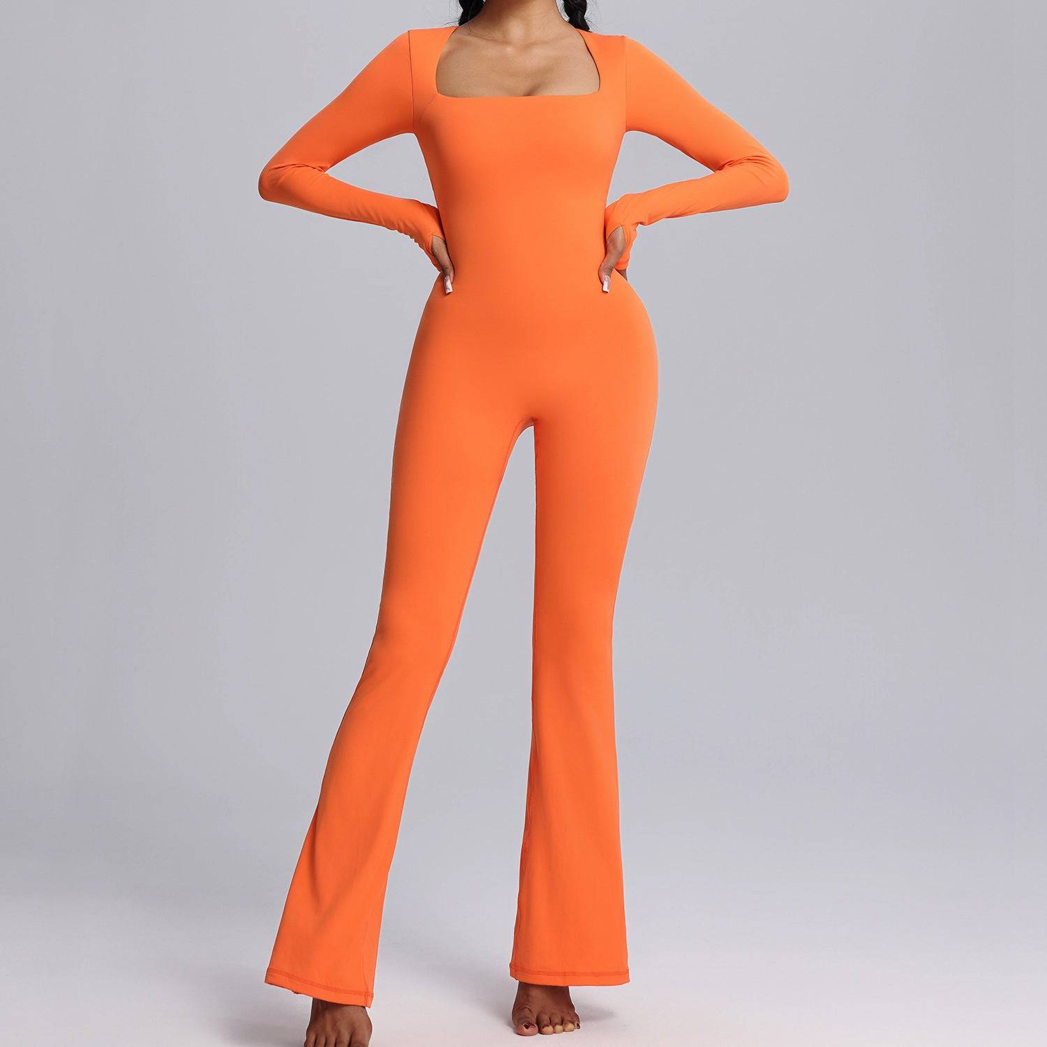 Square Neck Long-sleeved Yoga Flared Pants Breathable Jumpsuit