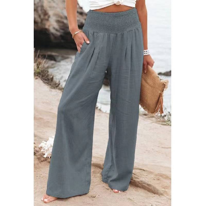 Rainbowsis  Women's Casual Wide Leg Cotton Linen Loose Trousers