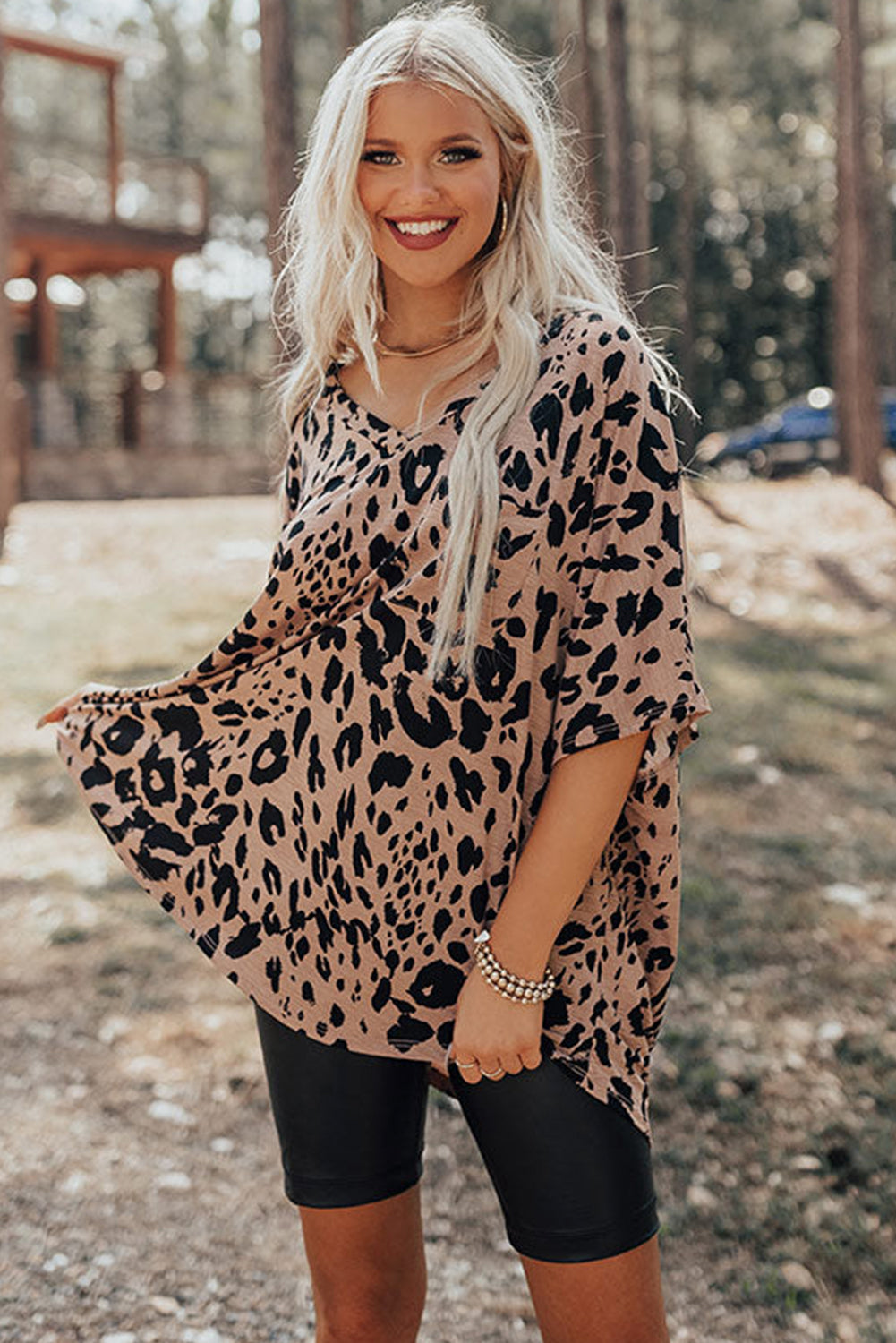 Brown Leopard Print V Neck Half Sleeve Oversized Tee