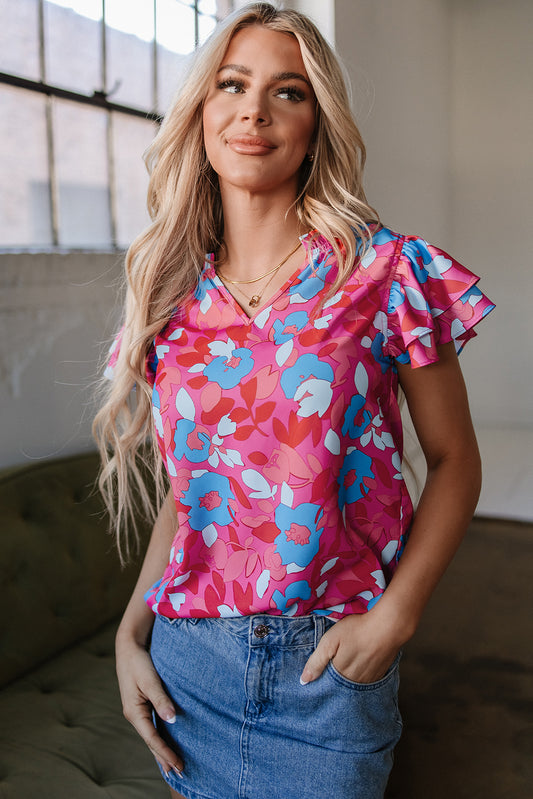 Rose Red Ruffled Sleeve Floral Blouse