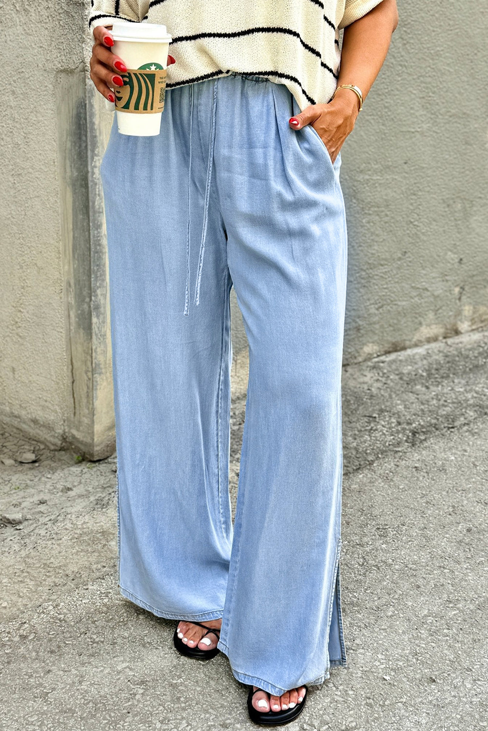 Beau Blue Casual Wide Slit Leg High Waist Loose Plus Size Jeans