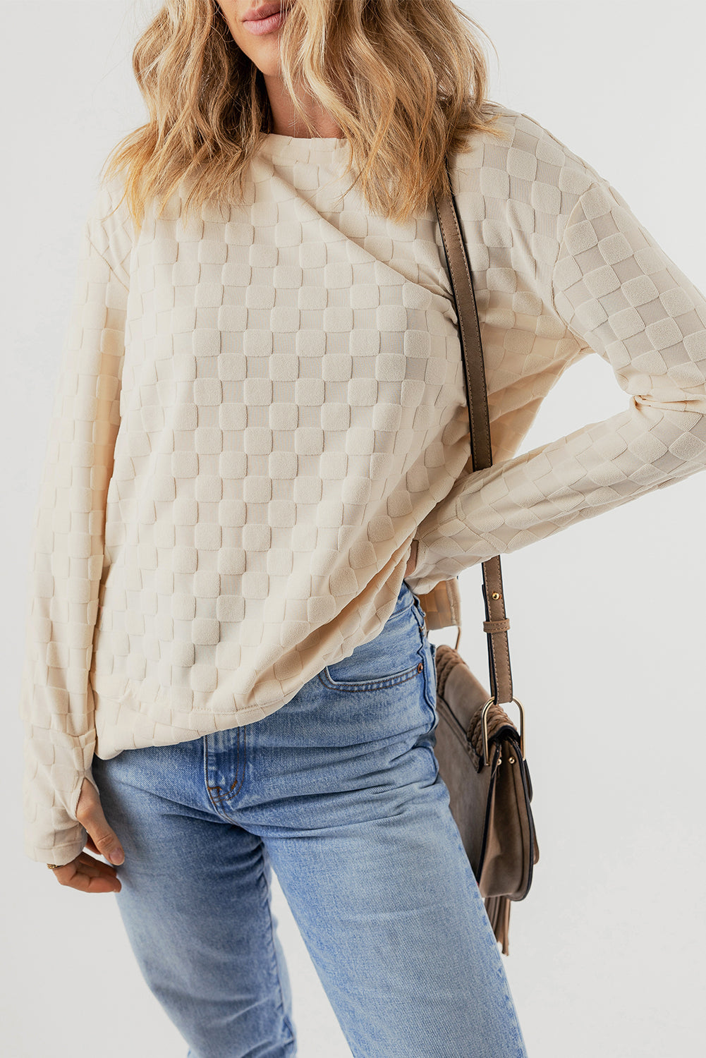 Beige Solid Textured Thumbhole Sleeve Top