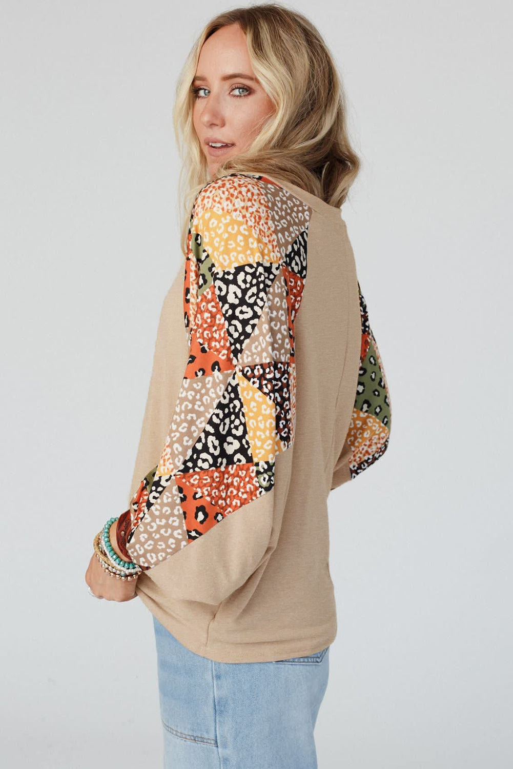 Parchment Contrast Printed Raglan Sleeves Patchwork V Neck Loose Top