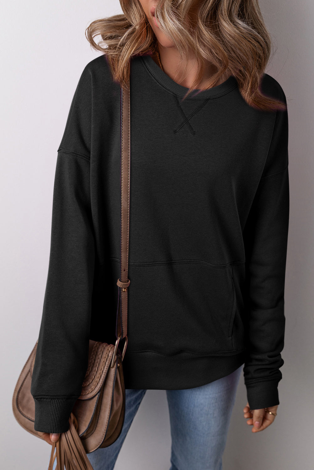 Black Drop Shoulder Crisscross Stitching Pocketed Loose Sweatshirt