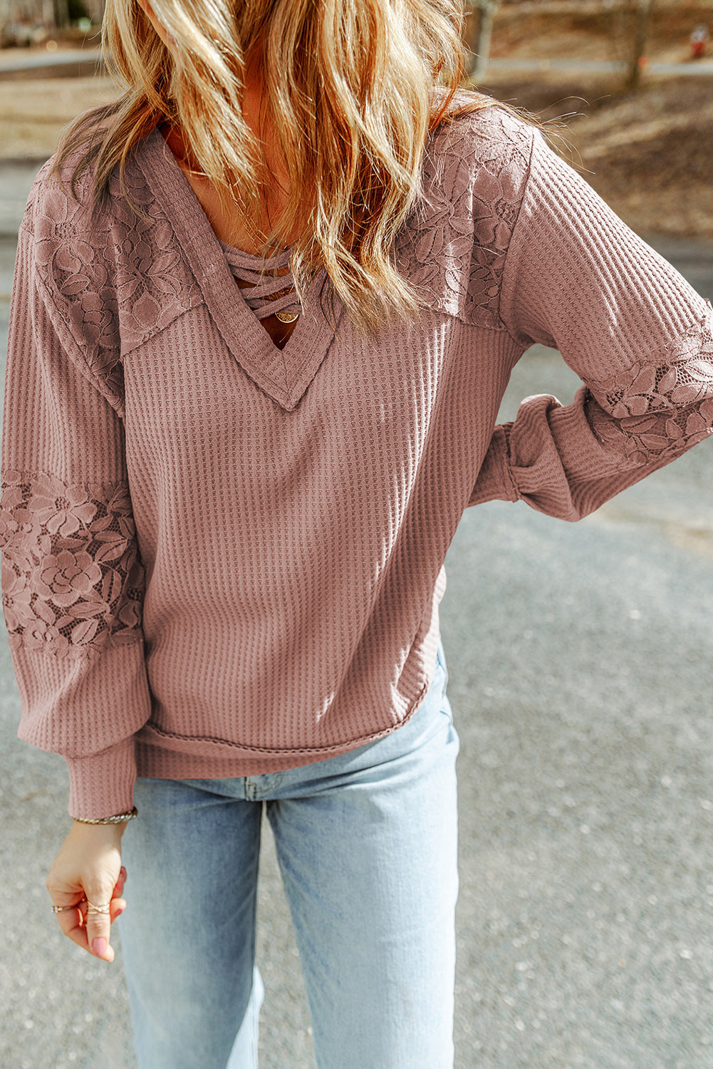 Apricot Lace Waffle Patchwork Strappy V Neck Long Sleeve Top