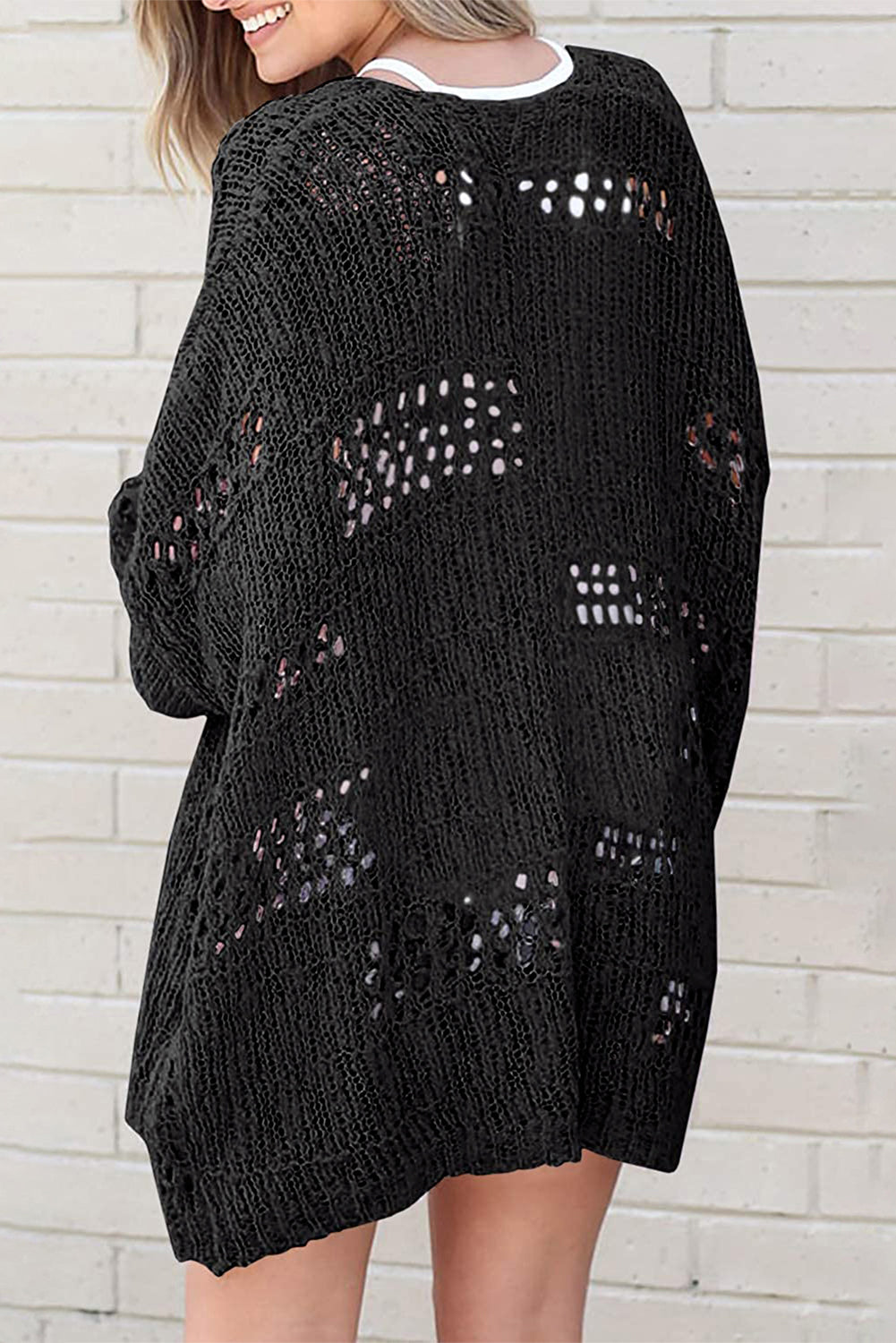 Black Casual Hollowed Knit Dolman Sleeve Cardigan