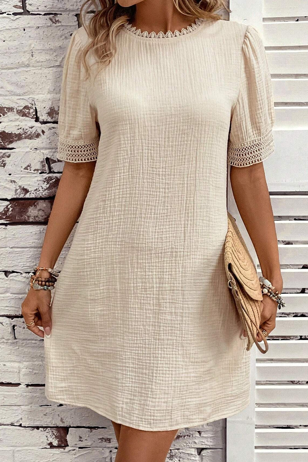 Beige Crinkle Lace Trim Puff Sleeve Shift Mini Dress