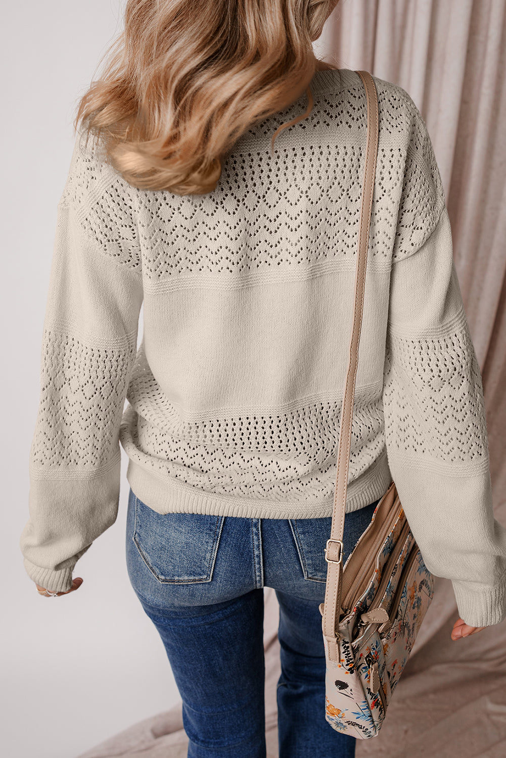 Black Eyelet Pattern Detail V Neck Drop Shoulder Sweater