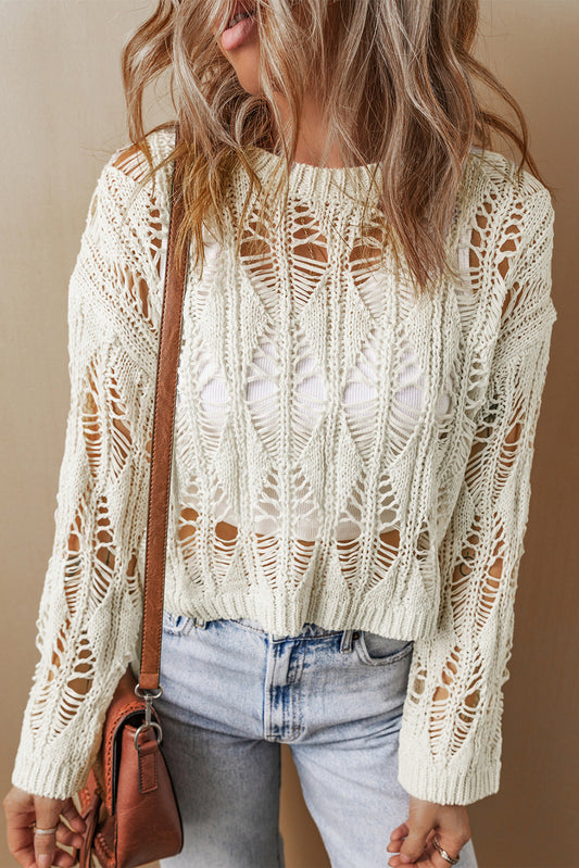 White Cut Out Crochet Crew Neck Loose Fit Sweater