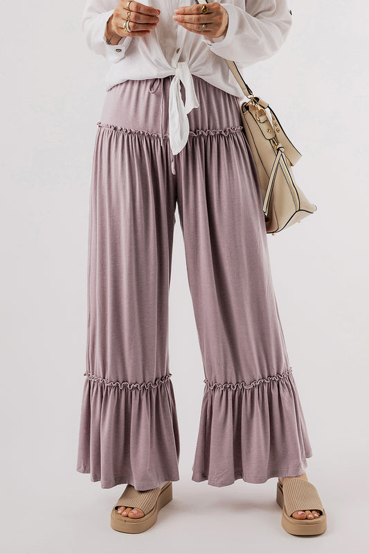 Khaki Frilled Drawstring High Waist Wide Leg Pants