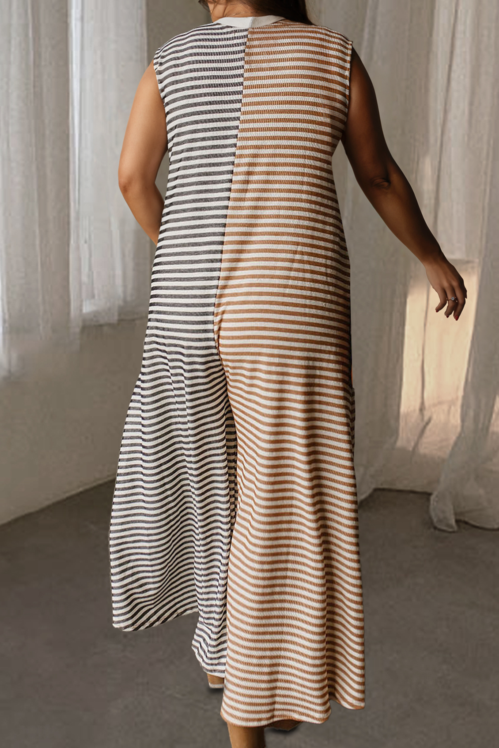 Gray Stripe Plus Size Color Block Buttoned Sleeveless Wide Leg Jumpsuit