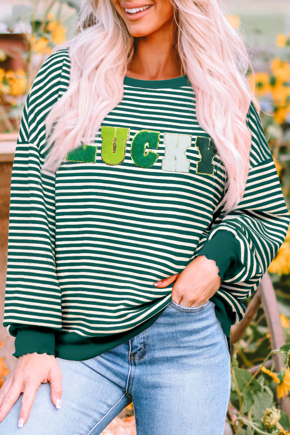 Green Stripe Chenille LUCKY Patched Pattern St Patrick Long Sleeve Top