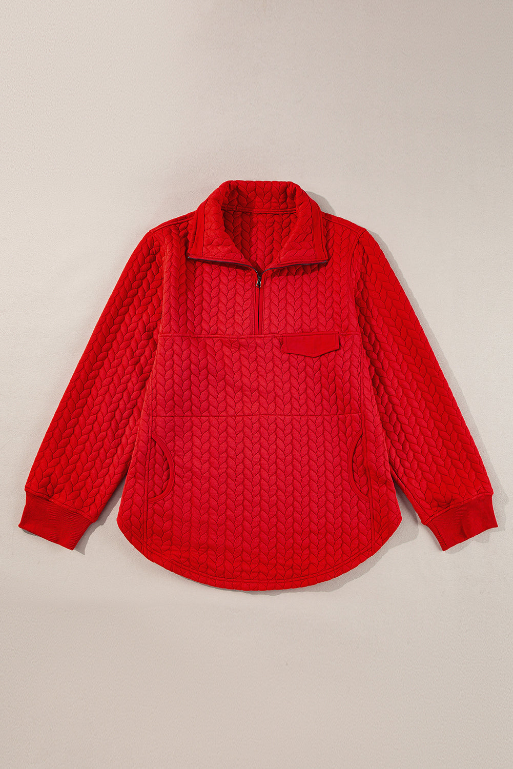 Tomato Red Cable Textured Quarter Zip Pocketed Plus Size Pullover