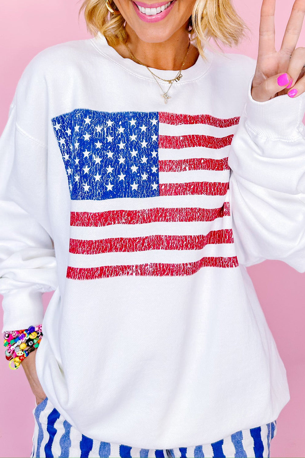 White American Flag Graphic Drop Shoulder Loose Sweatshirt