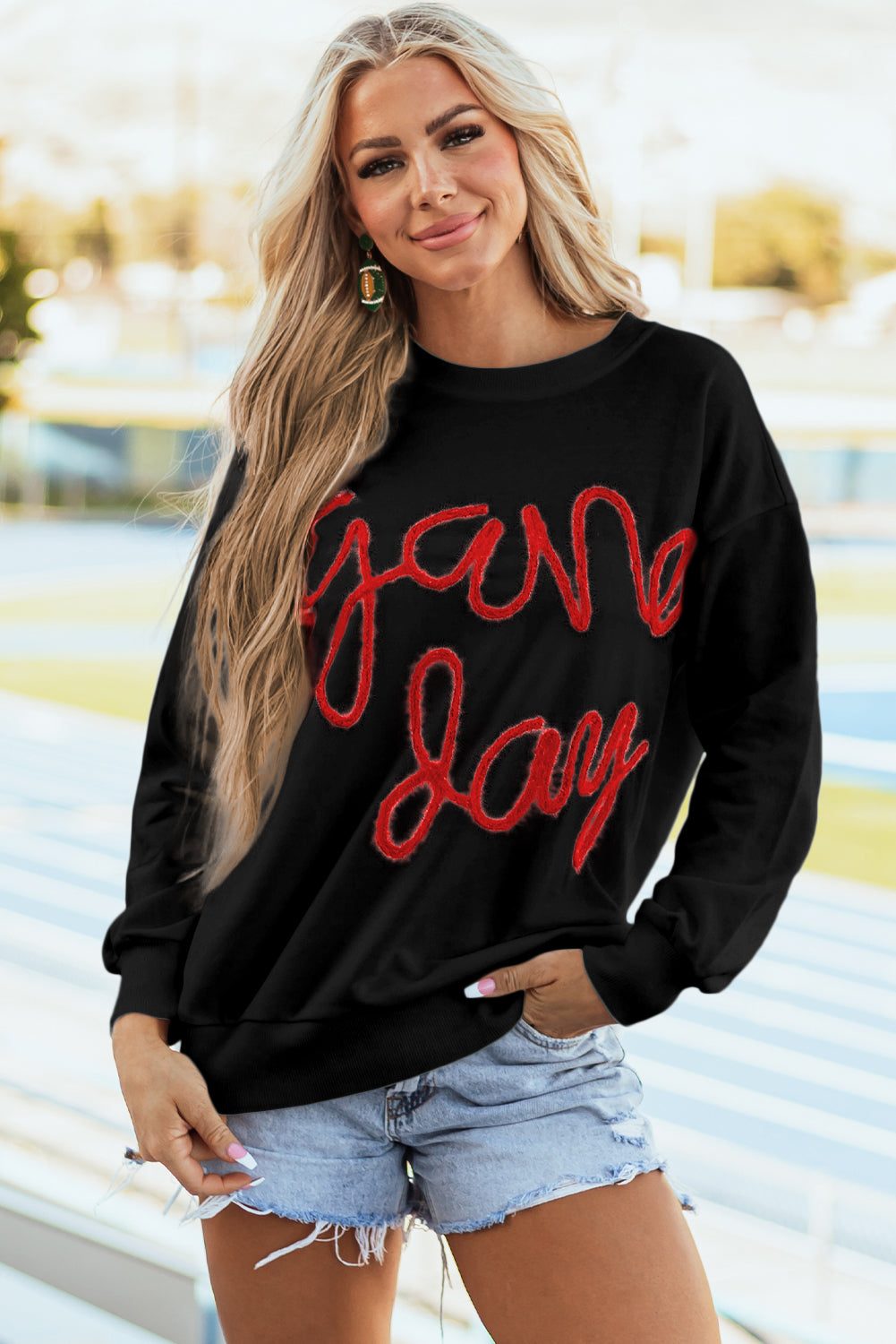 White Tinsel Game Day Drop Shoulder Graphic Sweatshirt