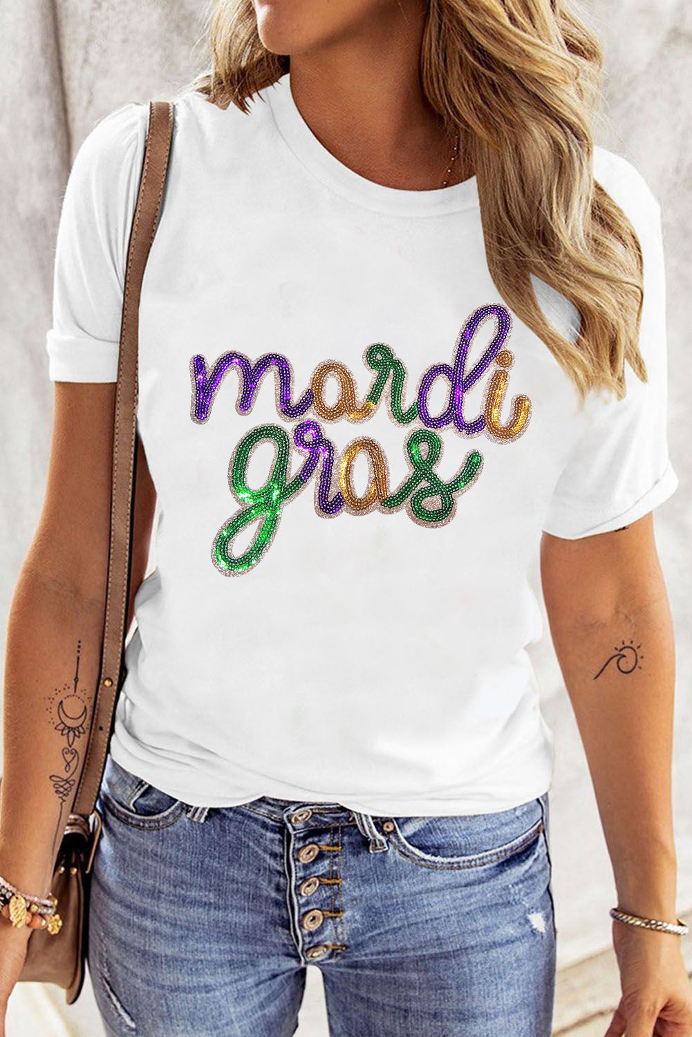 White Sequin mardi gras Graphic T Shirt