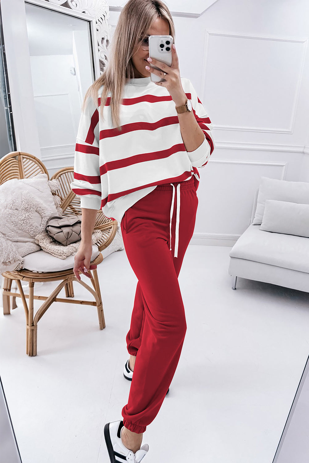 Black Stripe Drop Shoulder Pullover and Jogger Pants Set