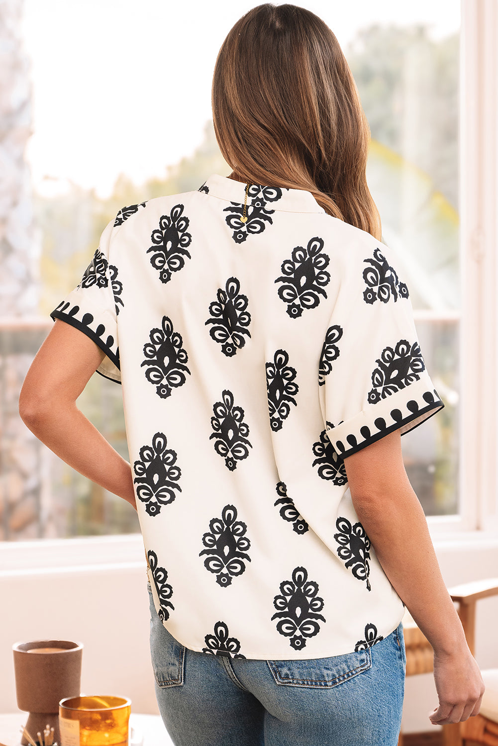 Black Geometric Print Short Sleeve V Neck Blouse