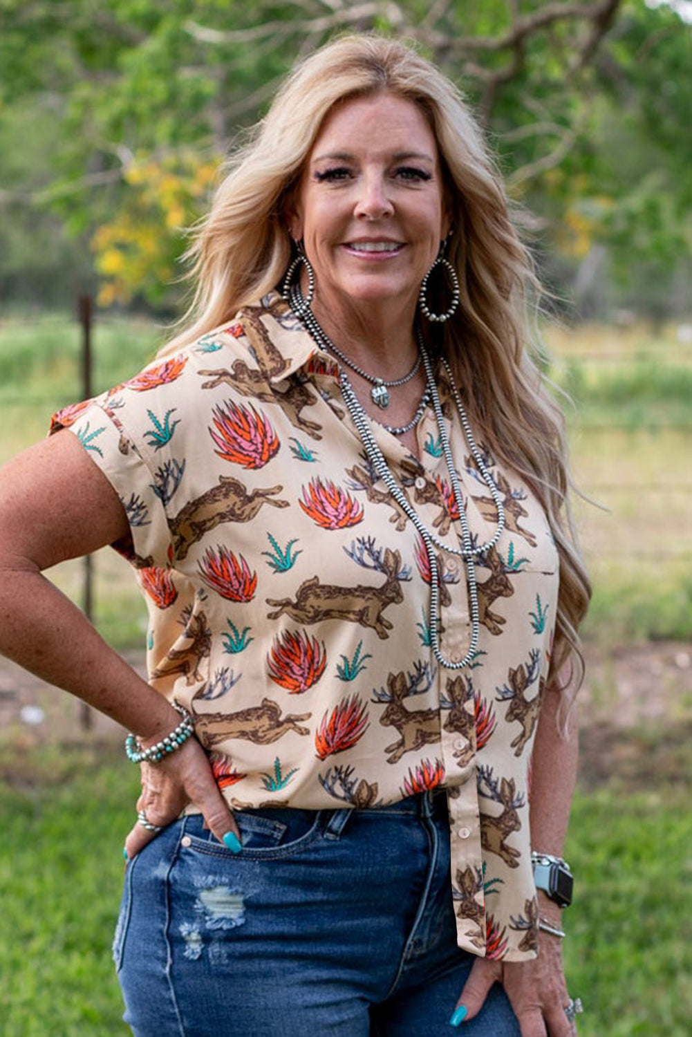 Khaki Plus Size Western Pattern Print Buttoned Short Sleeve Shirt