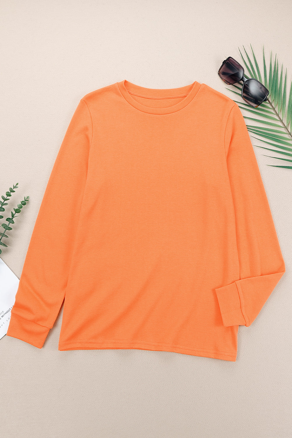 Orange Plain Crew Neck Long Sleeve Top